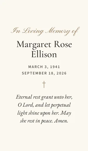 Sample prayer card back with the name, dates and a short prayer