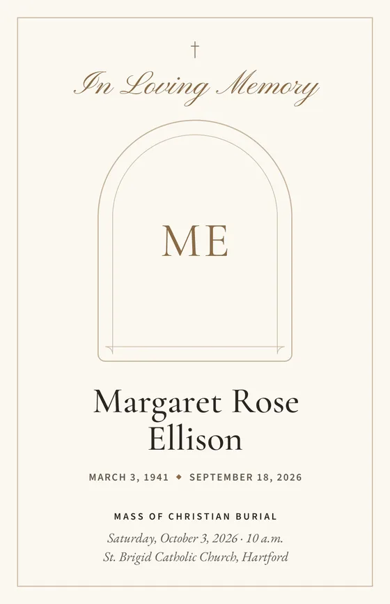 Sample Catholic funeral program cover with a cross, “In Loving Memory” and a monogram where the photo goes