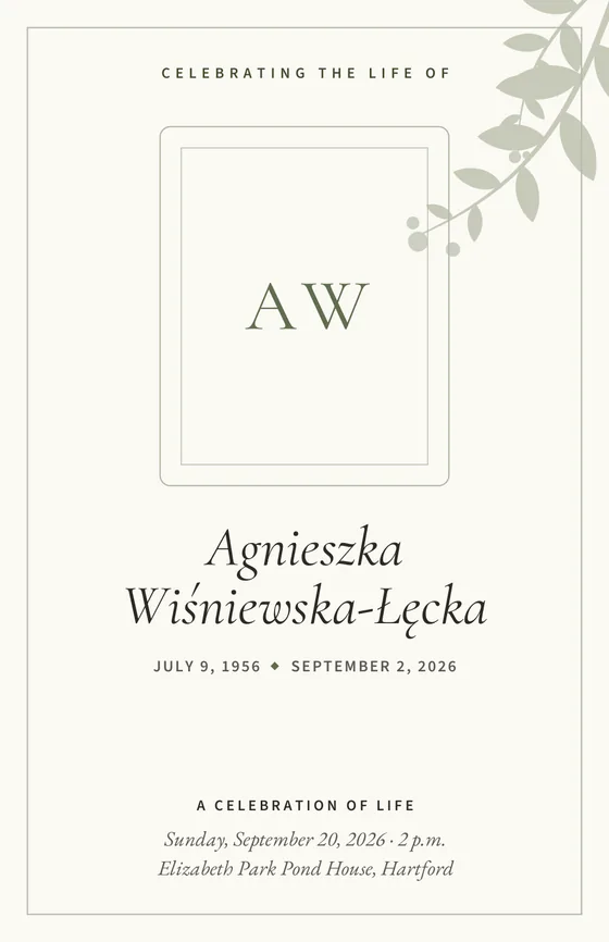 Sample celebration of life program cover with a leafy sprig and a monogram where the photo goes