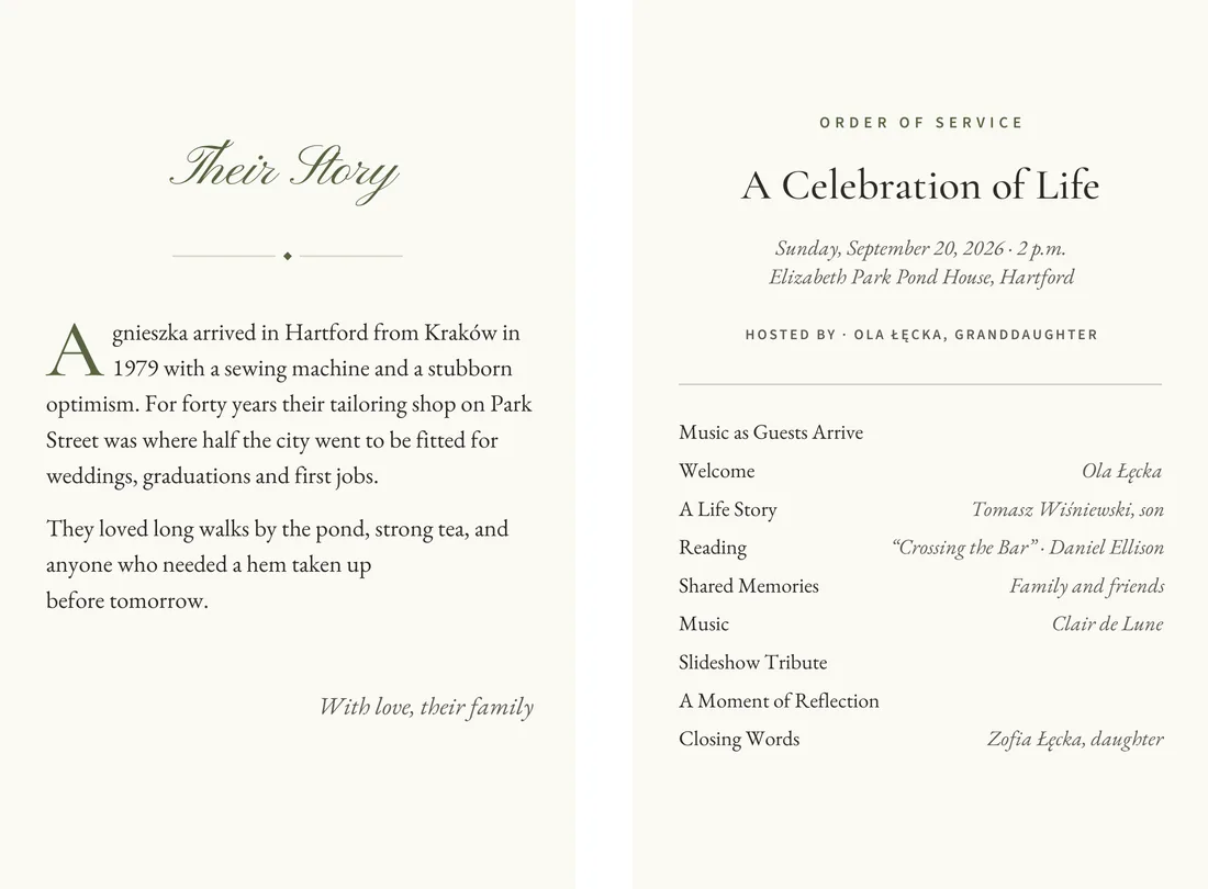Sample inside pages of the program: the life story on the left and the order of service on the right