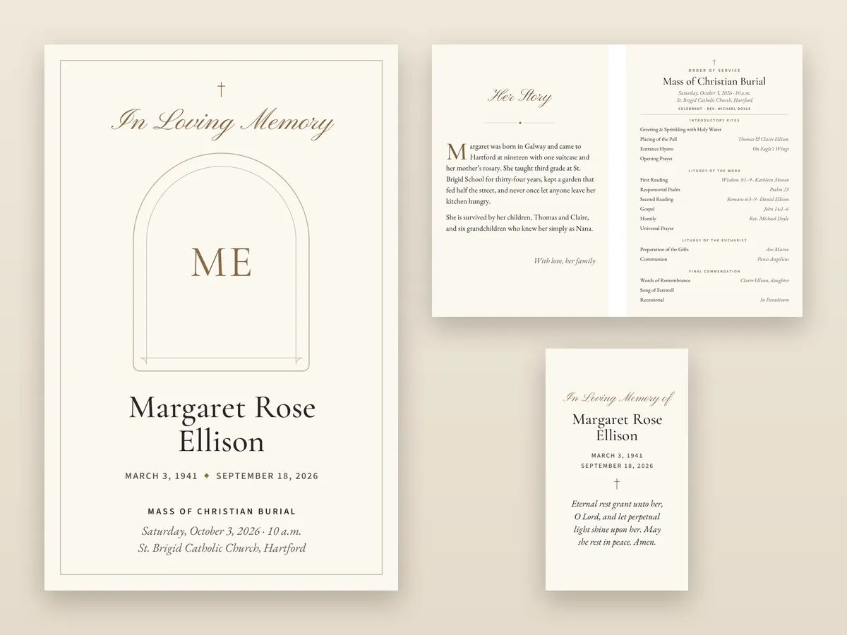 A sample funeral program cover, its inside pages and a matching prayer card, made with Candlefold