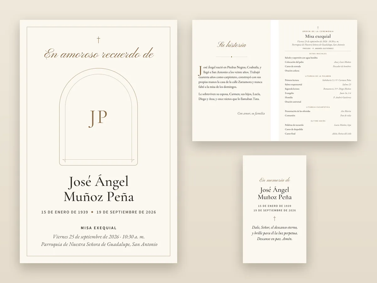 Una portada de programa funeral de muestra, sus páginas interiores y un recordatorio que hace juego, hechos con Candlefold